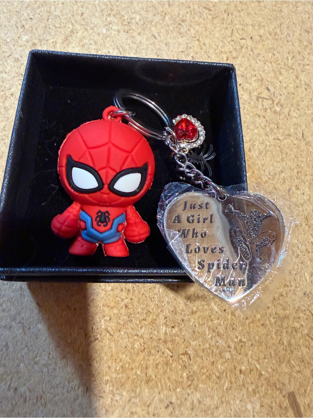 Spiderman Red Blue Rubber Keychain with Heart Charm